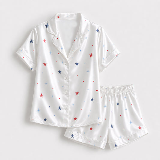 PJ-395-Alabaster Silk Celestial Pajama Apparel, Crimson Star Graphic Short Sleeve Loungewear Sleepwear Collection Raiment