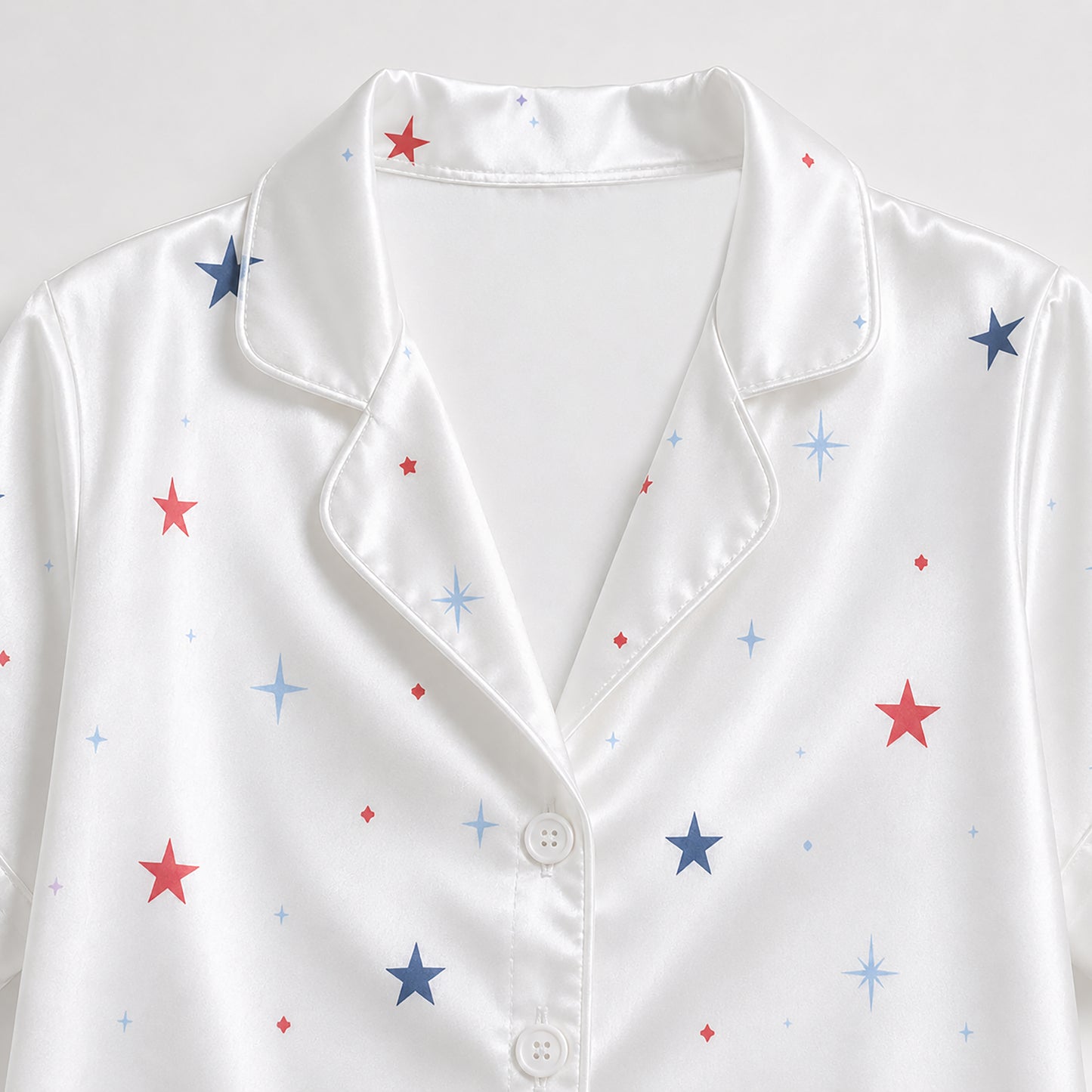 PJ-395-Alabaster Silk Celestial Pajama Apparel, Crimson Star Graphic Short Sleeve Loungewear Sleepwear Collection Raiment
