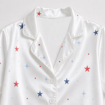 PJ-395-Alabaster Silk Celestial Pajama Apparel, Crimson Star Graphic Short Sleeve Loungewear Sleepwear Collection Raiment