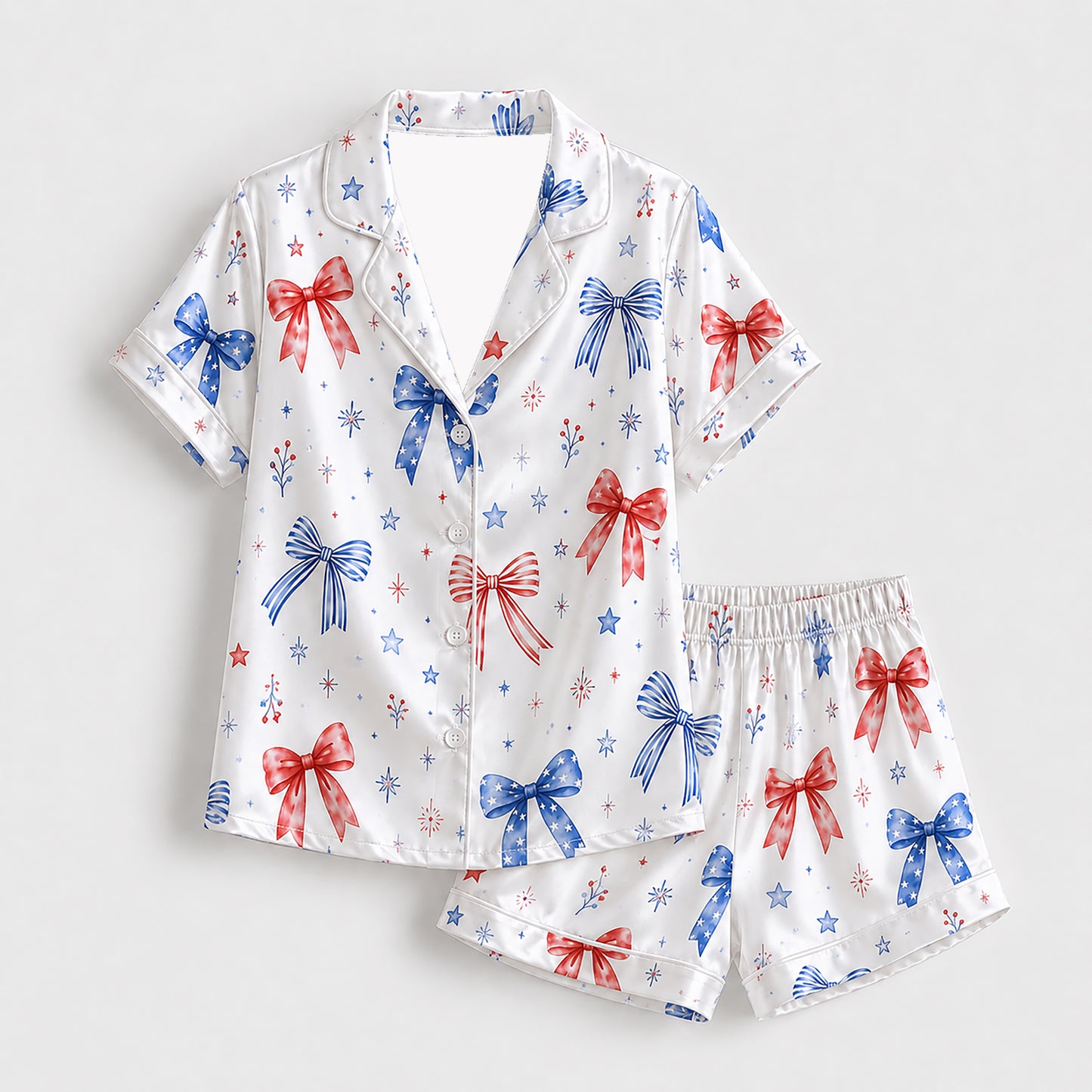 PJ-396-Creamy Poly Coquette Pajama Apparel, Sweet Stripe Printed Short Sleeve Loungewear Sleepwear Collection Attire