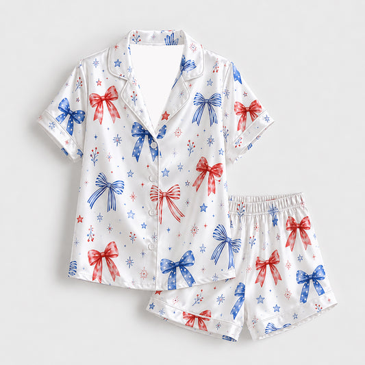 PJ-396-Creamy Poly Coquette Pajama Apparel, Sweet Stripe Printed Short Sleeve Loungewear Sleepwear Collection Attire