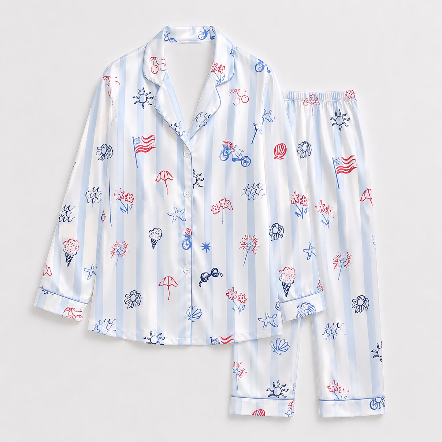 PJ-398-Pearl Satin Independence Pajama Apparel, Elegant Stripe Layout Short Sleeve Loungewear Sleepwear Collection Garments