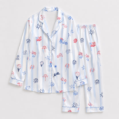 PJ-398-Pearl Satin Independence Pajama Apparel, Elegant Stripe Layout Short Sleeve Loungewear Sleepwear Collection Garments