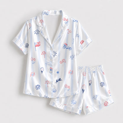PJ-398-Pearl Satin Independence Pajama Apparel, Elegant Stripe Layout Short Sleeve Loungewear Sleepwear Collection Garments