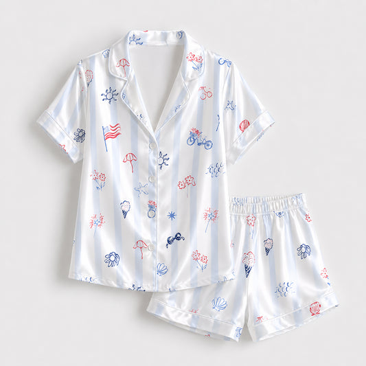 PJ-398-Pearl Satin Independence Pajama Apparel, Elegant Stripe Layout Short Sleeve Loungewear Sleepwear Collection Garments
