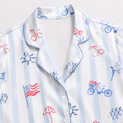 PJ-398-Pearl Satin Independence Pajama Apparel, Elegant Stripe Layout Short Sleeve Loungewear Sleepwear Collection Garments