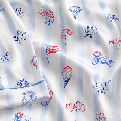 PJ-398-Pearl Satin Independence Pajama Apparel, Elegant Stripe Layout Short Sleeve Loungewear Sleepwear Collection Garments
