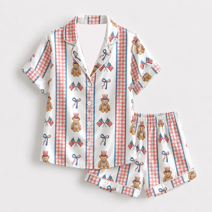 PJ-399-Ivory Satin Novelty Pajama Apparel, Scarlet Ribbon Component Short Sleeve Loungewear Sleepwear Collection Vesture