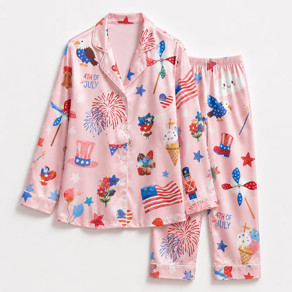 PJ-400-Rose Poly Americana Pajama Apparel, Sweet Flag Printed Short Sleeve Loungewear Sleepwear Collection Attire