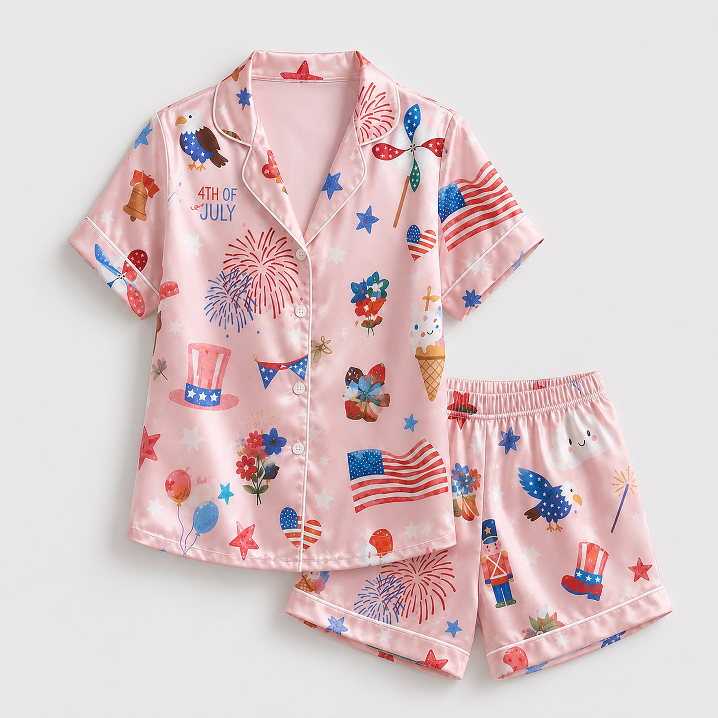 PJ-400-Rose Poly Americana Pajama Apparel, Sweet Flag Printed Short Sleeve Loungewear Sleepwear Collection Attire