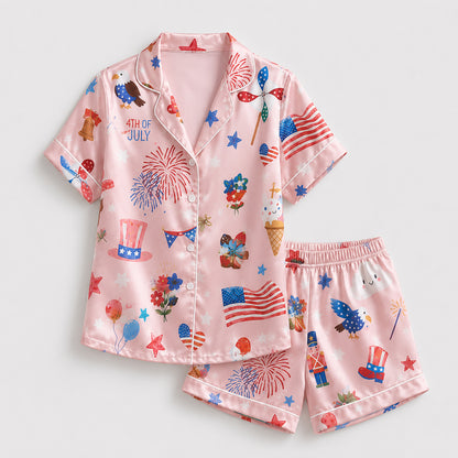 PJ-400-Rose Poly Americana Pajama Apparel, Sweet Flag Printed Short Sleeve Loungewear Sleepwear Collection Attire