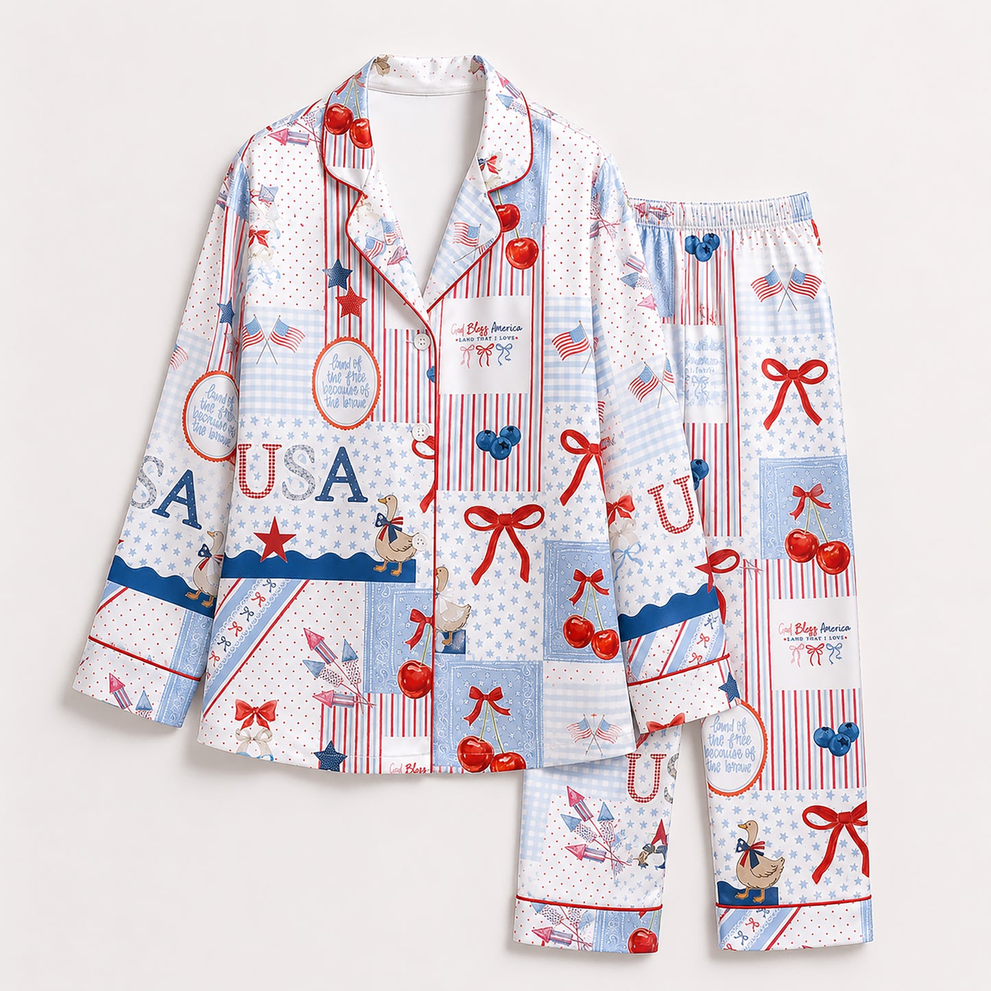 PJ-401-White Satin Patchwork Pajama Apparel, Americana Quilt Pattern Sleeve Loungewear Sleepwear Collection Clothing