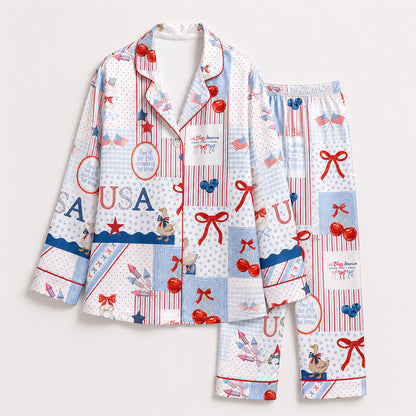 PJ-401-White Satin Patchwork Pajama Apparel, Americana Quilt Pattern Sleeve Loungewear Sleepwear Collection Clothing