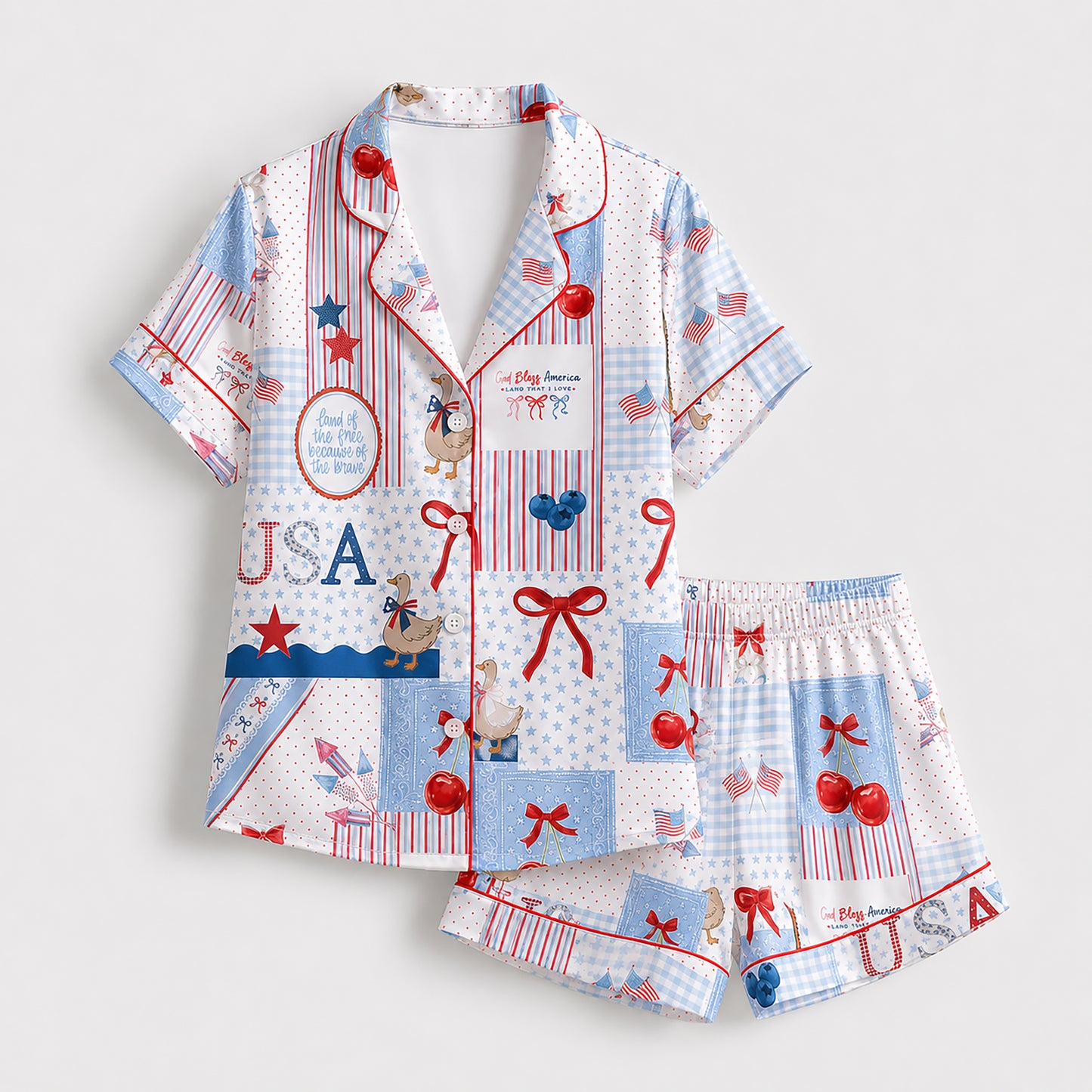 PJ-401-White Satin Patchwork Pajama Apparel, Americana Quilt Pattern Sleeve Loungewear Sleepwear Collection Clothing