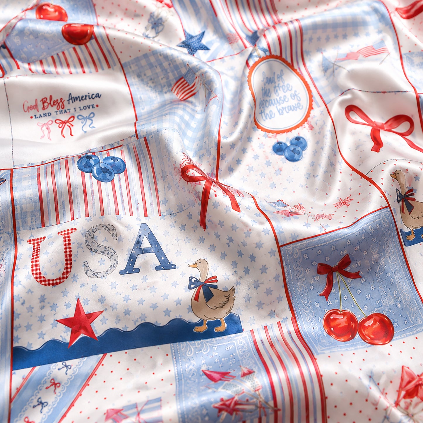 PJ-401-White Satin Patchwork Pajama Apparel, Americana Quilt Pattern Sleeve Loungewear Sleepwear Collection Clothing