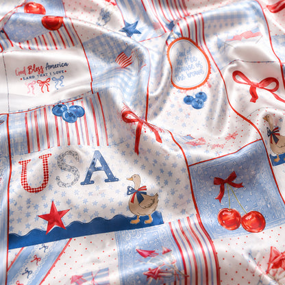 PJ-401-White Satin Patchwork Pajama Apparel, Americana Quilt Pattern Sleeve Loungewear Sleepwear Collection Clothing