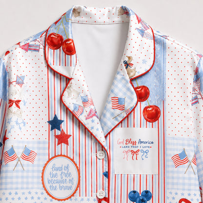 PJ-401-White Satin Patchwork Pajama Apparel, Americana Quilt Pattern Sleeve Loungewear Sleepwear Collection Clothing