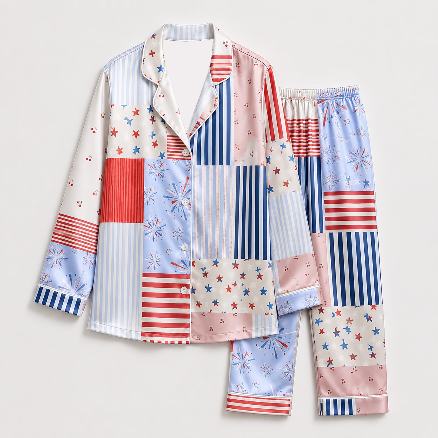 PJ-402-Pastel Satin Striped Pajama Apparel, Multicolor Linear Pattern Sleeve Loungewear Sleepwear Collection Clothing
