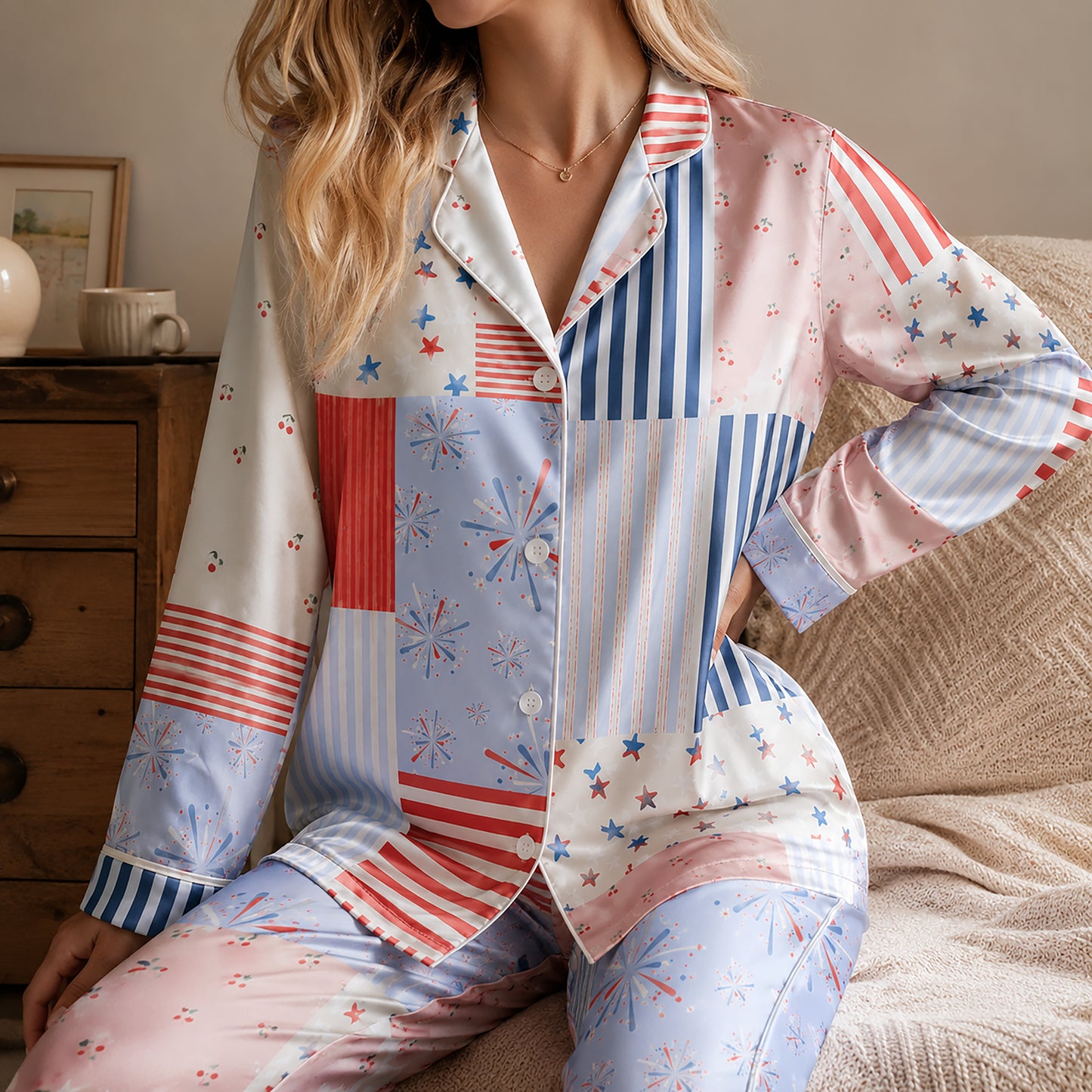 PJ-402-Pastel Satin Striped Pajama Apparel, Multicolor Linear Pattern Sleeve Loungewear Sleepwear Collection Clothing