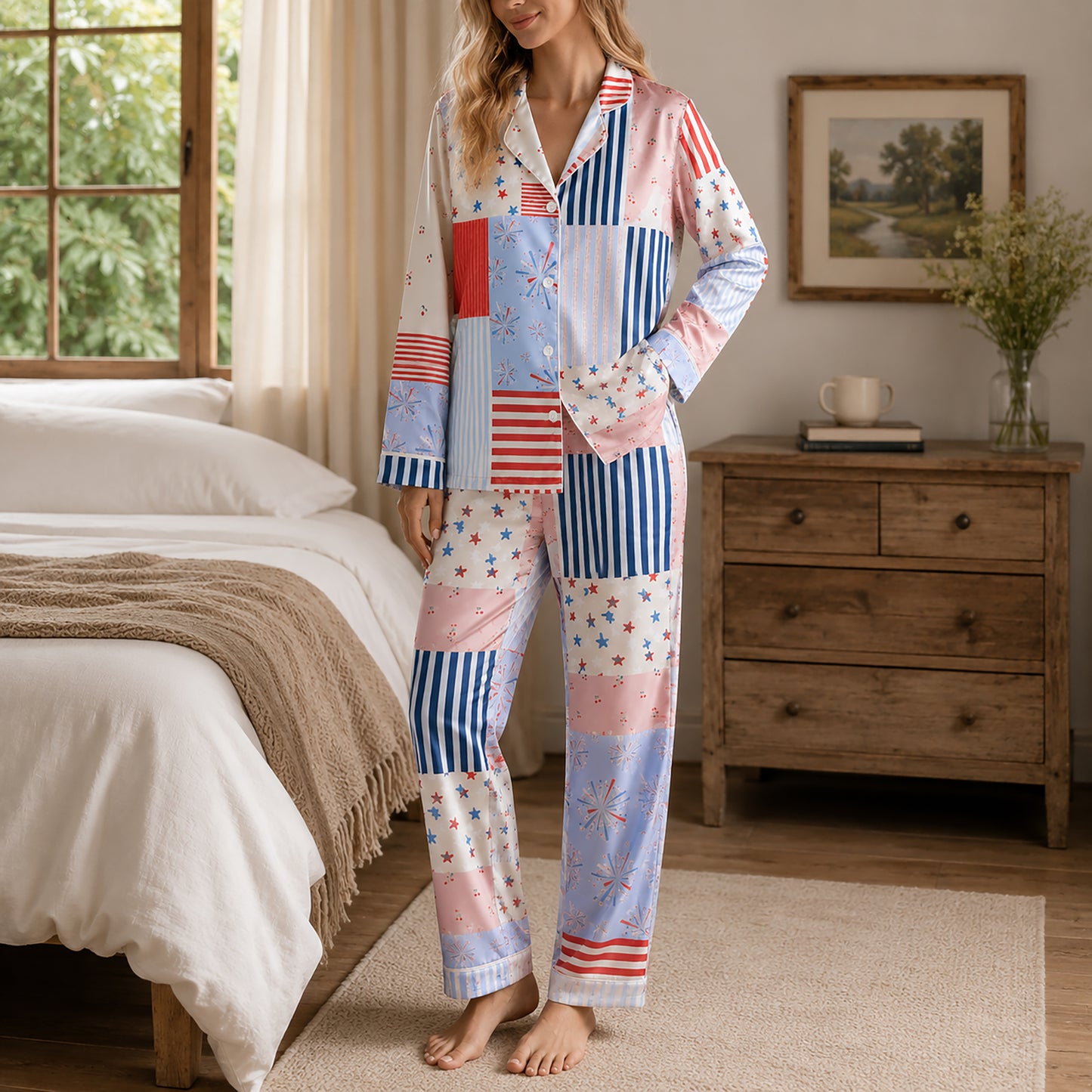 PJ-402-Pastel Satin Striped Pajama Apparel, Multicolor Linear Pattern Sleeve Loungewear Sleepwear Collection Clothing