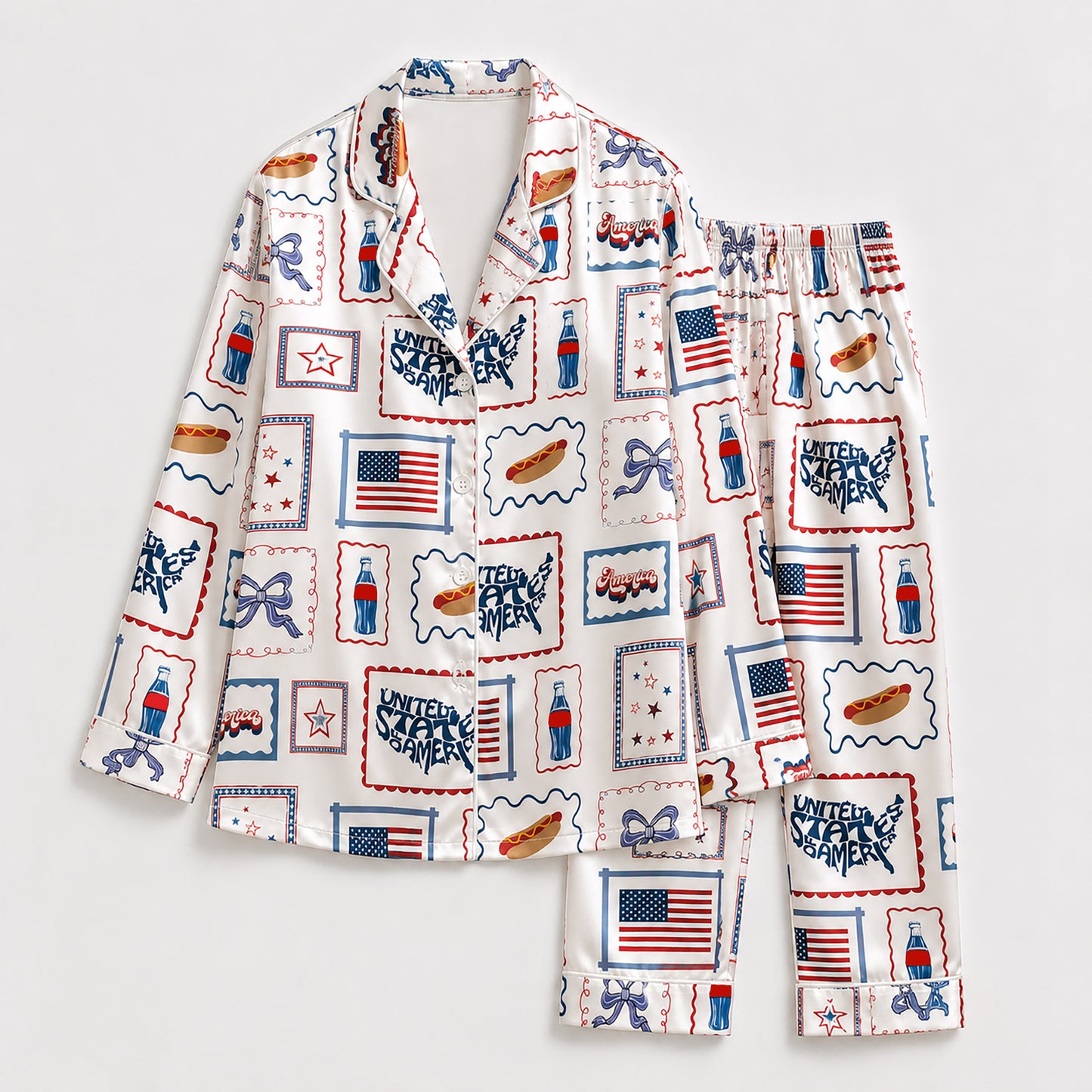 PJ-403-Alabaster Silk Patriotic Pajama Apparel, Crimson Stamp Graphic Short Sleeve Loungewear Sleepwear Collection Raiment