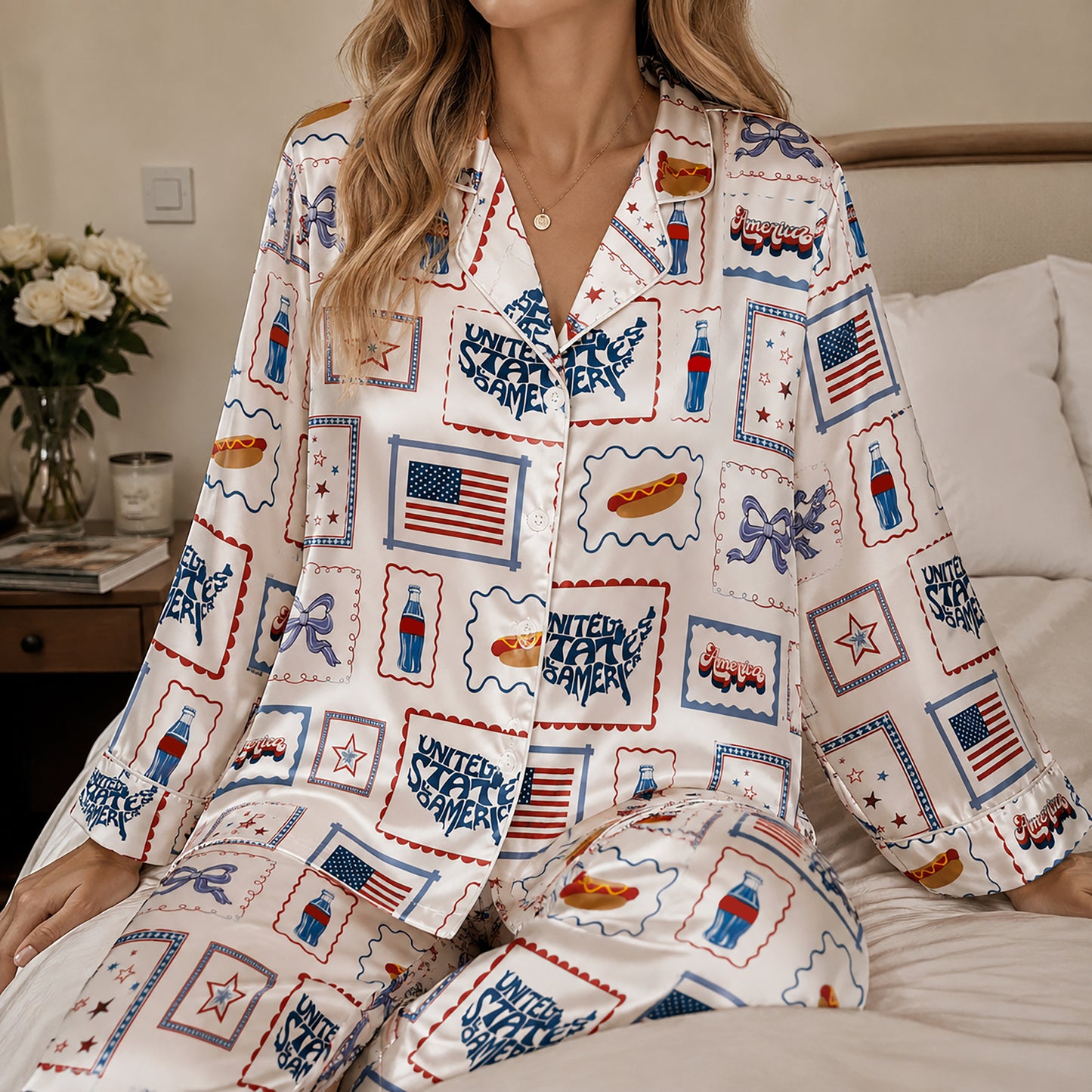 PJ-403-Alabaster Silk Patriotic Pajama Apparel, Crimson Stamp Graphic Short Sleeve Loungewear Sleepwear Collection Raiment