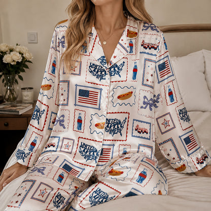PJ-403-Alabaster Silk Patriotic Pajama Apparel, Crimson Stamp Graphic Short Sleeve Loungewear Sleepwear Collection Raiment