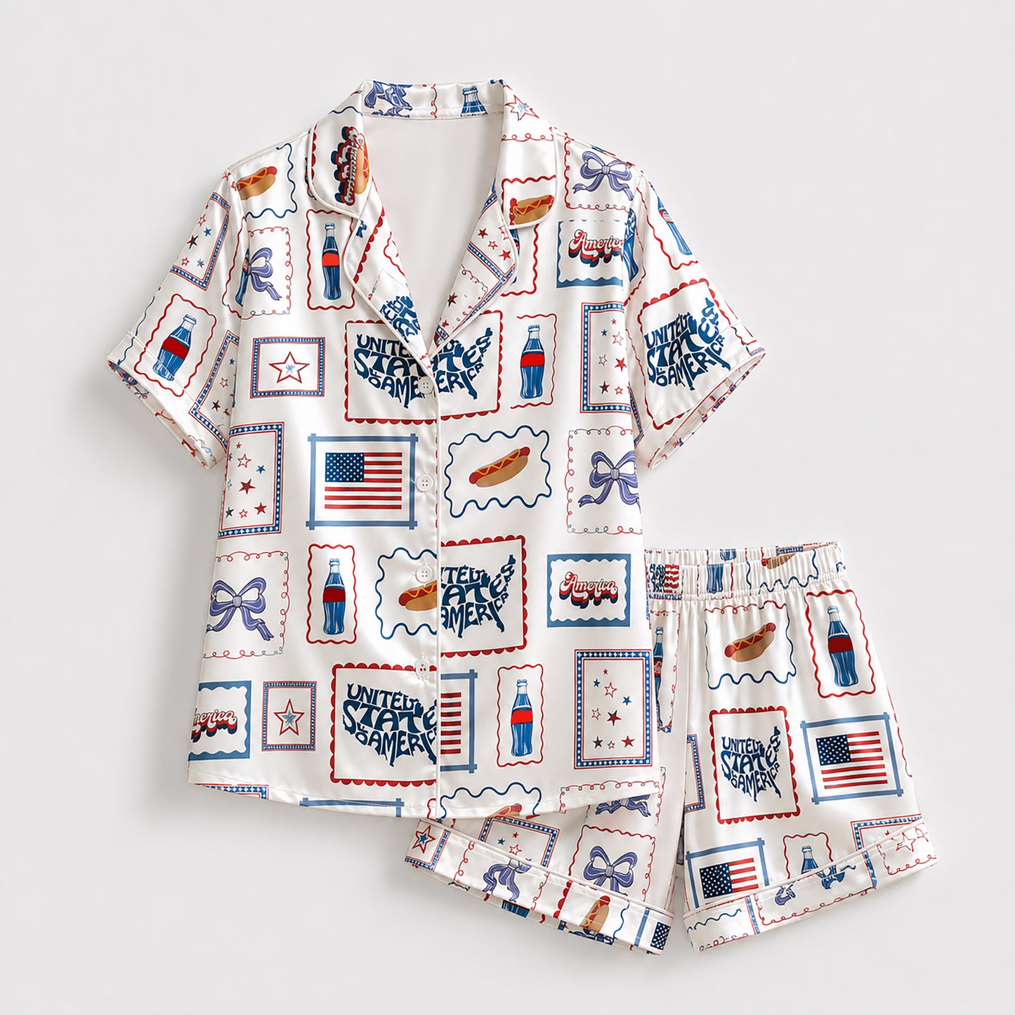 PJ-403-Alabaster Silk Patriotic Pajama Apparel, Crimson Stamp Graphic Short Sleeve Loungewear Sleepwear Collection Raiment