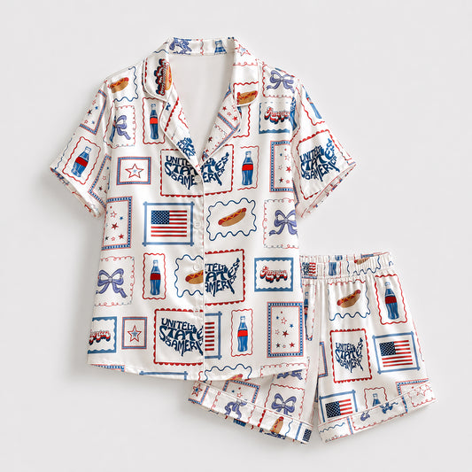 PJ-403-Alabaster Silk Patriotic Pajama Apparel, Crimson Stamp Graphic Short Sleeve Loungewear Sleepwear Collection Raiment