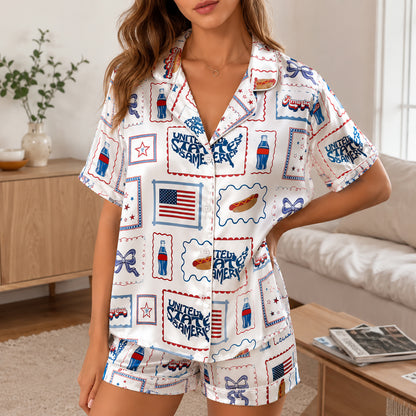 PJ-403-Alabaster Silk Patriotic Pajama Apparel, Crimson Stamp Graphic Short Sleeve Loungewear Sleepwear Collection Raiment