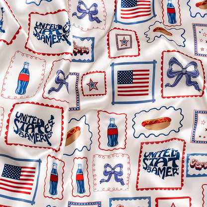 PJ-403-Alabaster Silk Patriotic Pajama Apparel, Crimson Stamp Graphic Short Sleeve Loungewear Sleepwear Collection Raiment