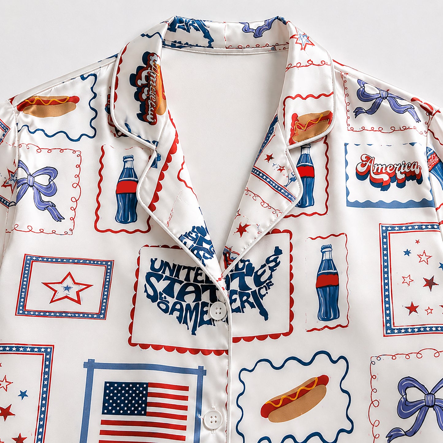 PJ-403-Alabaster Silk Patriotic Pajama Apparel, Crimson Stamp Graphic Short Sleeve Loungewear Sleepwear Collection Raiment