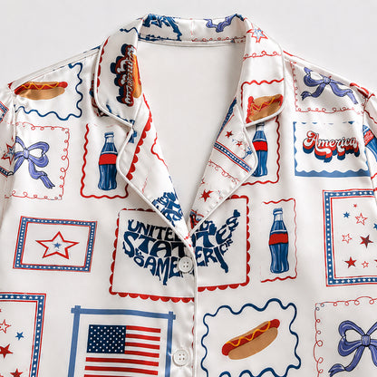 PJ-403-Alabaster Silk Patriotic Pajama Apparel, Crimson Stamp Graphic Short Sleeve Loungewear Sleepwear Collection Raiment