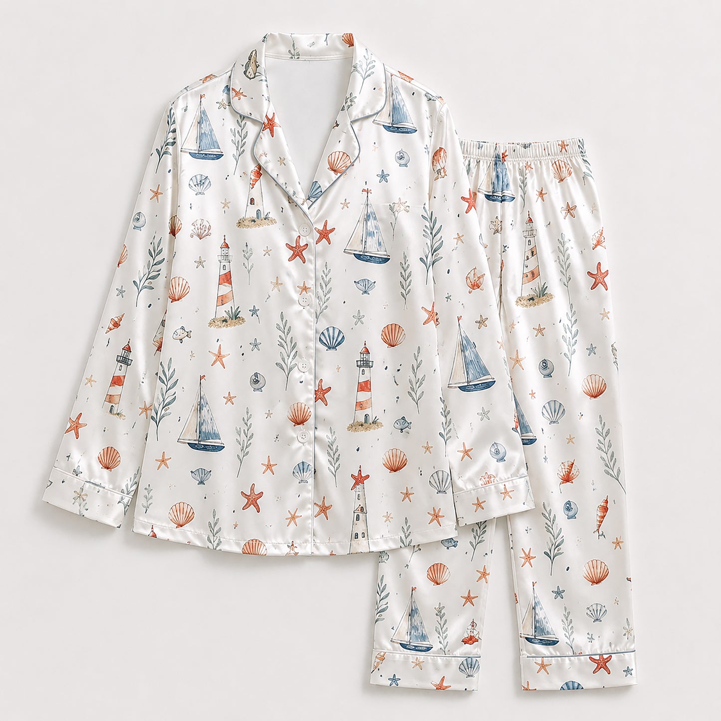 PJ-404-Ivory Satin Novelty Pajama Apparel, Ocean Kelp Component Sleeve Loungewear Sleepwear Collection Vesture