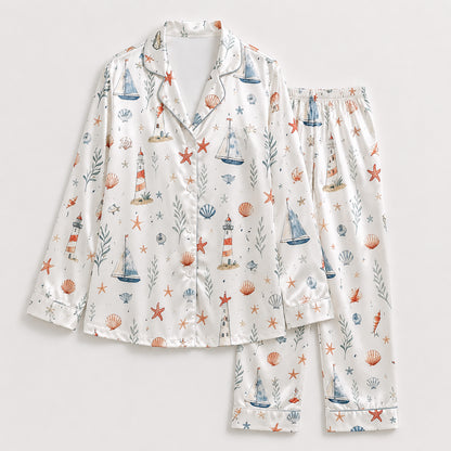 PJ-404-Ivory Satin Novelty Pajama Apparel, Ocean Kelp Component Sleeve Loungewear Sleepwear Collection Vesture