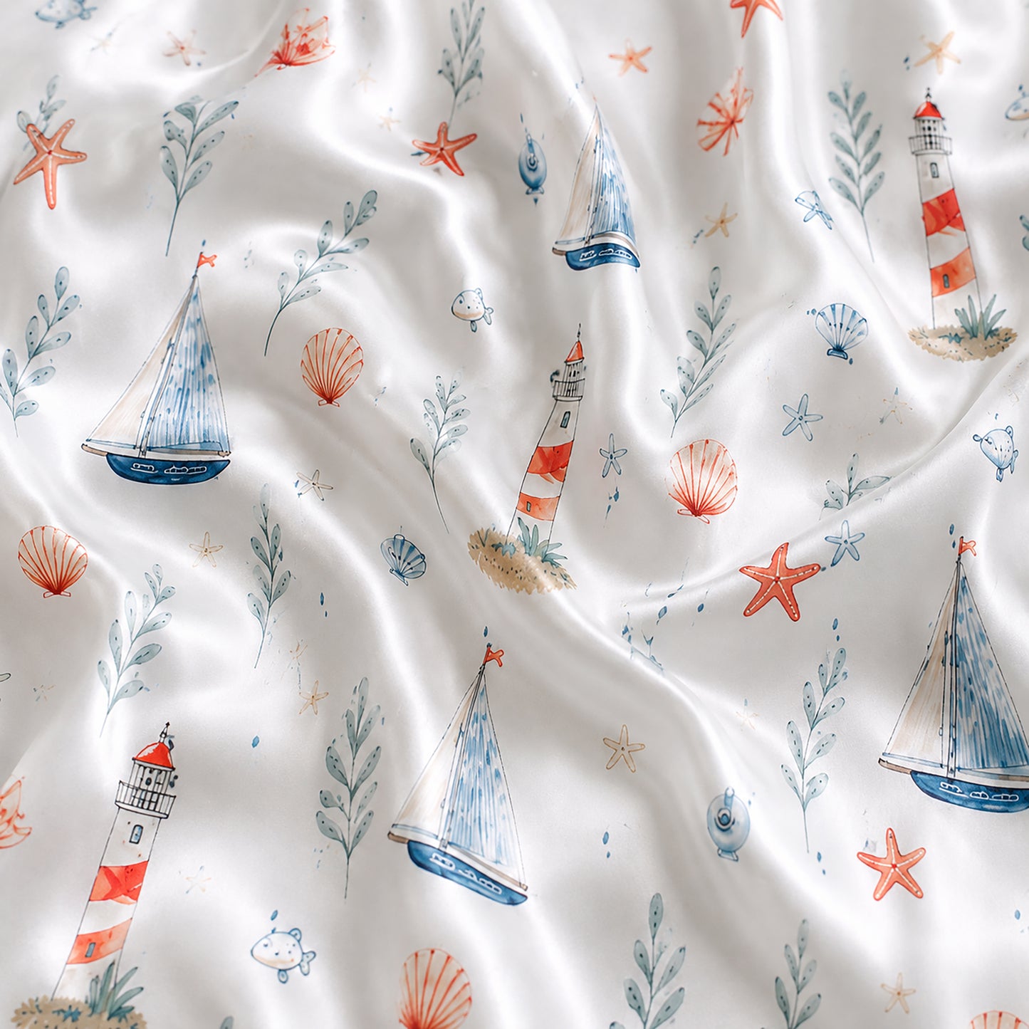 PJ-404-Ivory Satin Novelty Pajama Apparel, Ocean Kelp Component Sleeve Loungewear Sleepwear Collection Vesture