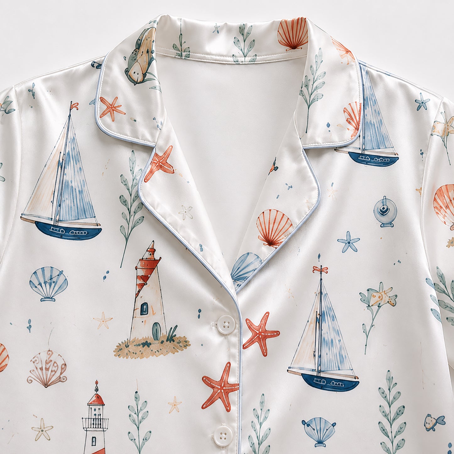 PJ-404-Ivory Satin Novelty Pajama Apparel, Ocean Kelp Component Sleeve Loungewear Sleepwear Collection Vesture