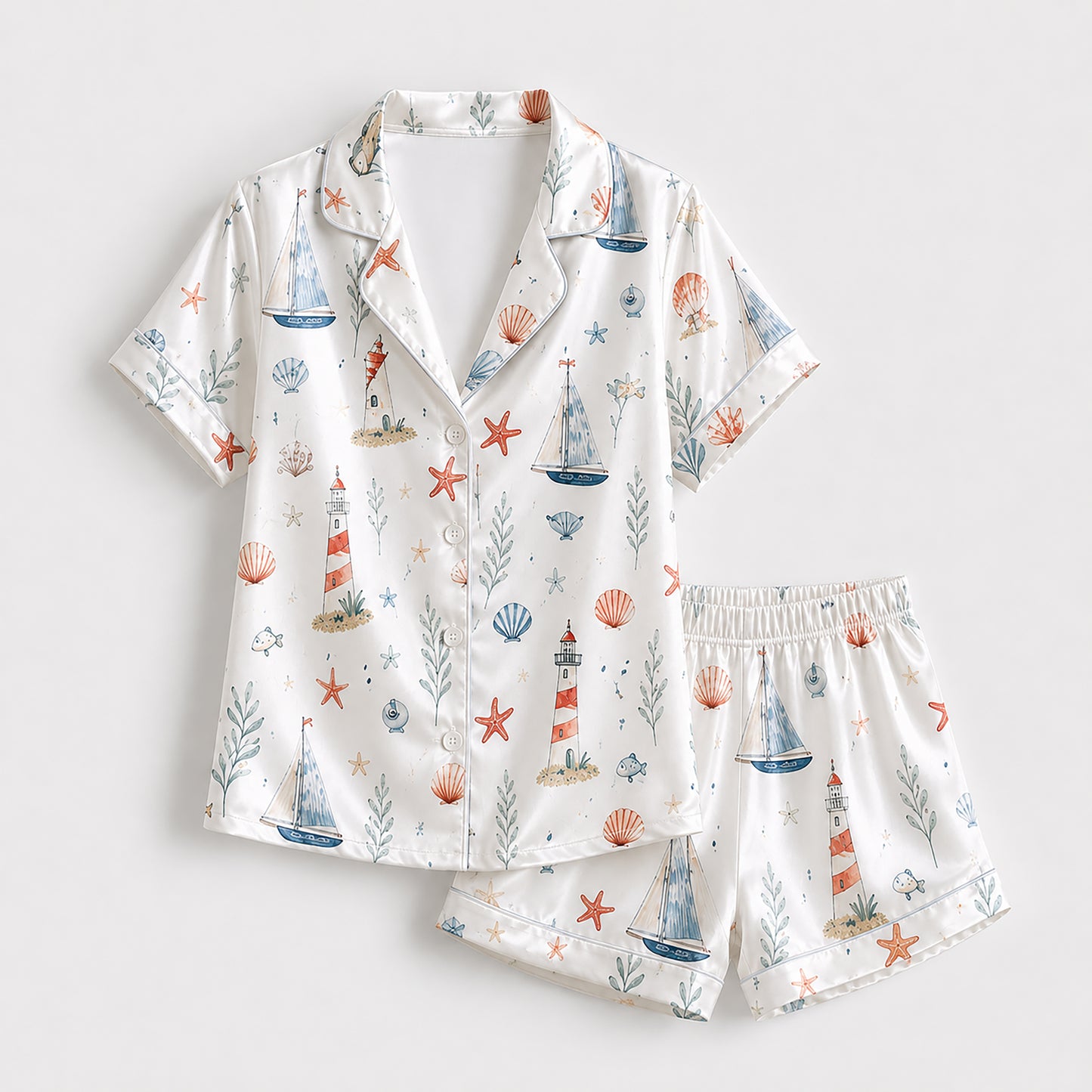 PJ-404-Ivory Satin Novelty Pajama Apparel, Ocean Kelp Component Sleeve Loungewear Sleepwear Collection Vesture