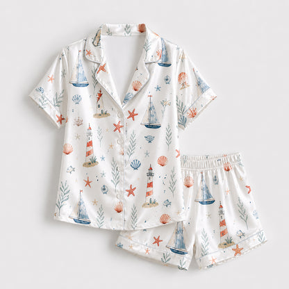 PJ-404-Ivory Satin Novelty Pajama Apparel, Ocean Kelp Component Sleeve Loungewear Sleepwear Collection Vesture