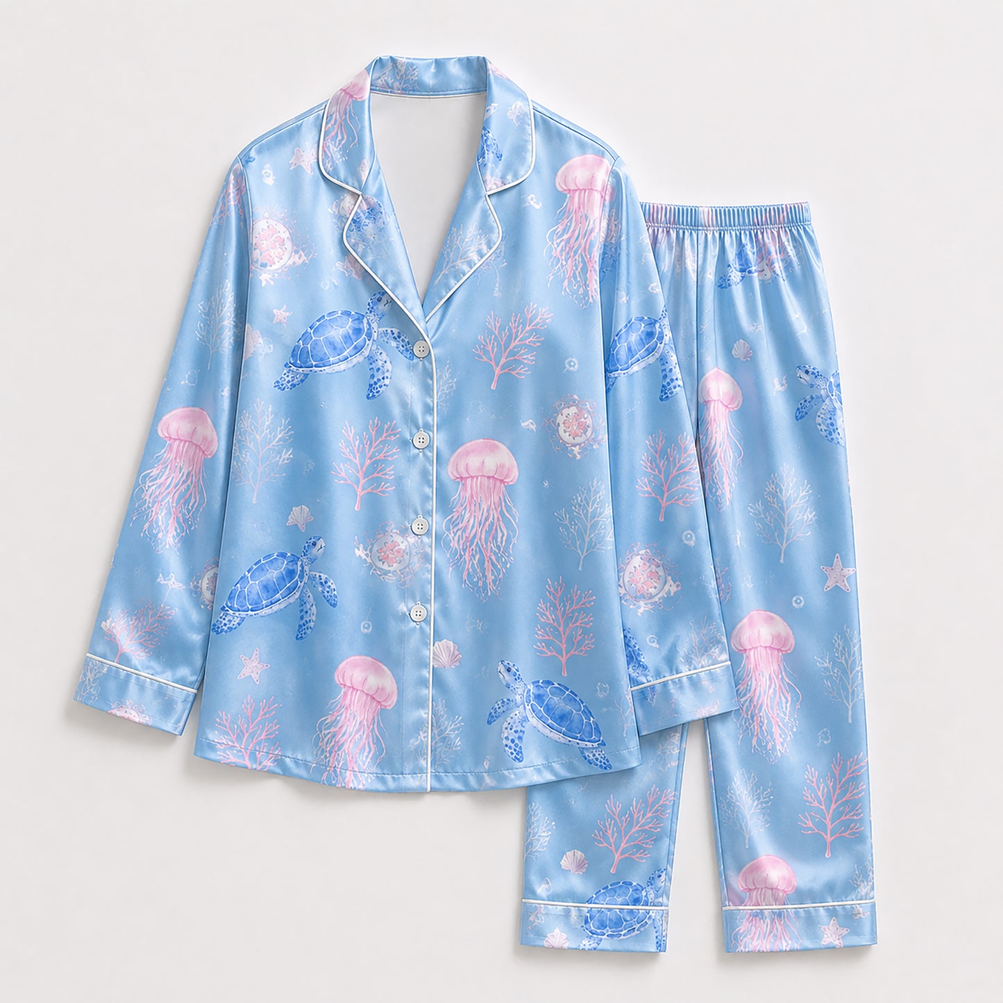 PJ-405-Blue Satin Turtle Pajama Apparel, Pink Jellyfish Pattern Sleeve Loungewear Sleepwear Collection Clothing