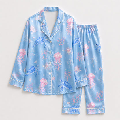 PJ-405-Blue Satin Turtle Pajama Apparel, Pink Jellyfish Pattern Sleeve Loungewear Sleepwear Collection Clothing
