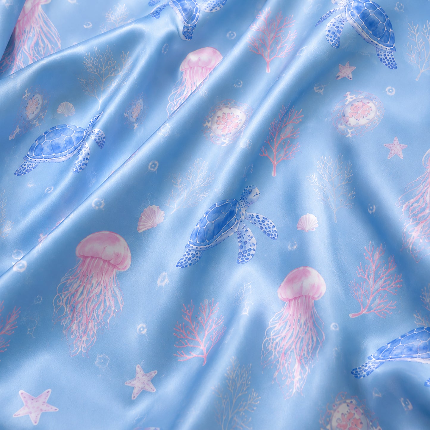 PJ-405-Blue Satin Turtle Pajama Apparel, Pink Jellyfish Pattern Sleeve Loungewear Sleepwear Collection Clothing