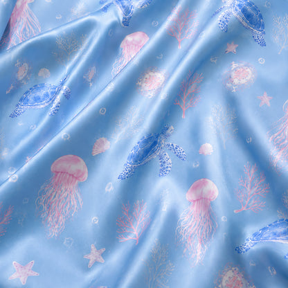 PJ-405-Blue Satin Turtle Pajama Apparel, Pink Jellyfish Pattern Sleeve Loungewear Sleepwear Collection Clothing