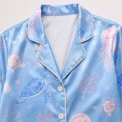 PJ-405-Blue Satin Turtle Pajama Apparel, Pink Jellyfish Pattern Sleeve Loungewear Sleepwear Collection Clothing