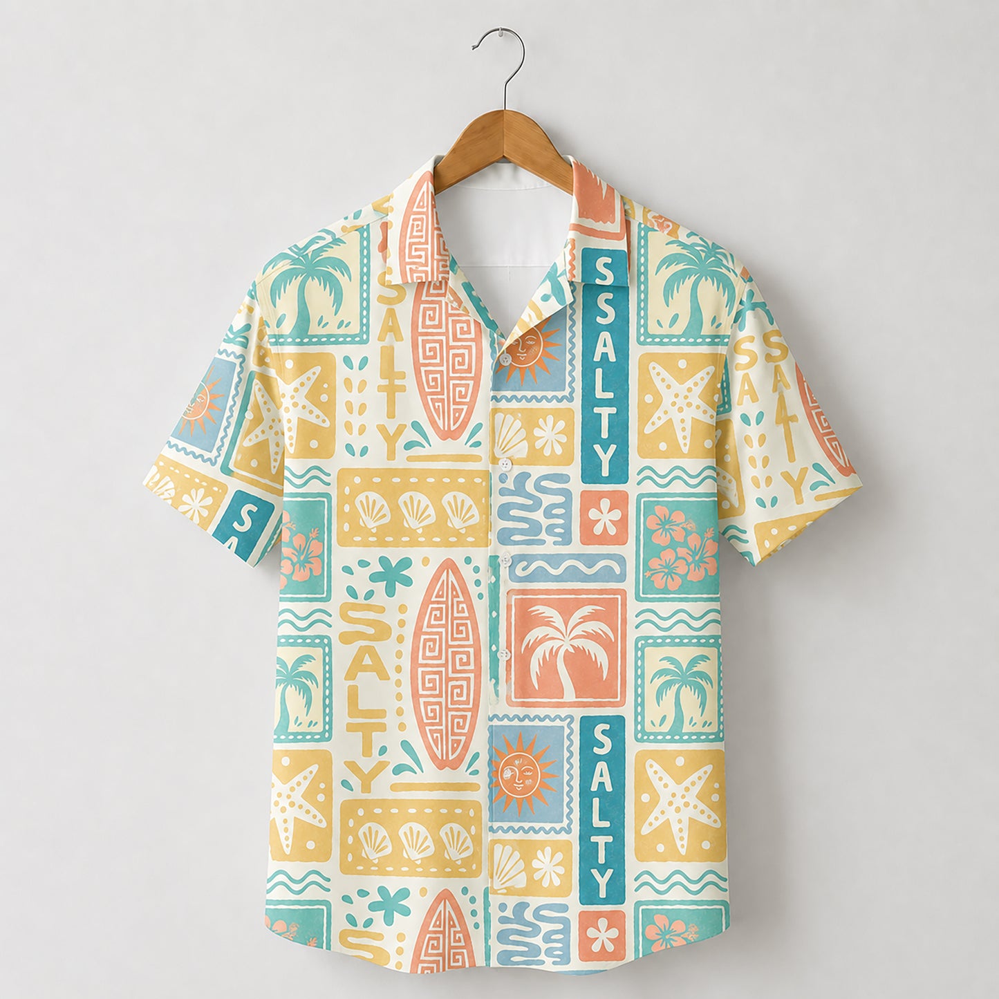HW-409-Retro Salty Surfboard Graphic Block Print Short Sleeve Button Down Beach Hawaiian Shirt