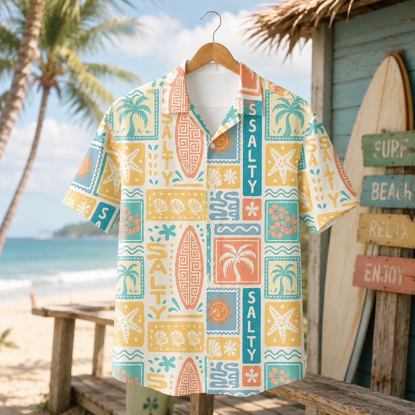 HW-409-Retro Salty Surfboard Graphic Block Print Short Sleeve Button Down Beach Hawaiian Shirt