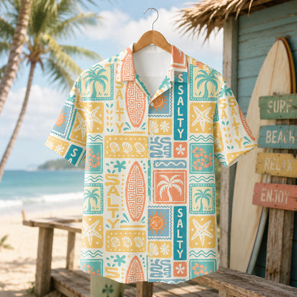 HW-409-Retro Salty Surfboard Graphic Block Print Short Sleeve Button Down Beach Hawaiian Shirt