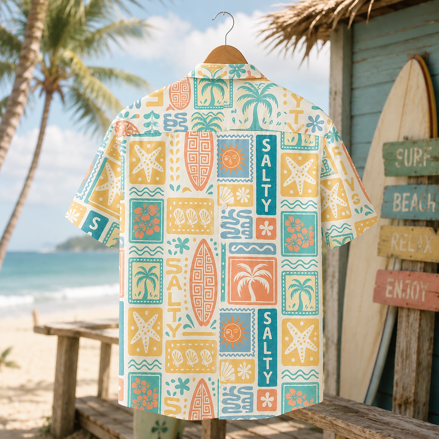 HW-409-Retro Salty Surfboard Graphic Block Print Short Sleeve Button Down Beach Hawaiian Shirt