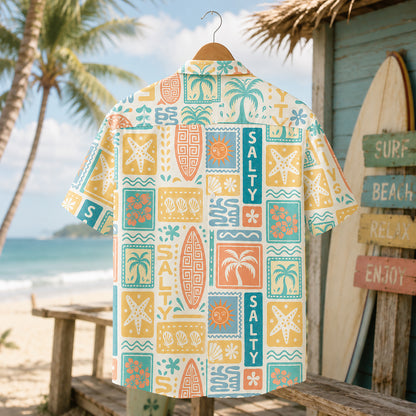 HW-409-Retro Salty Surfboard Graphic Block Print Short Sleeve Button Down Beach Hawaiian Shirt