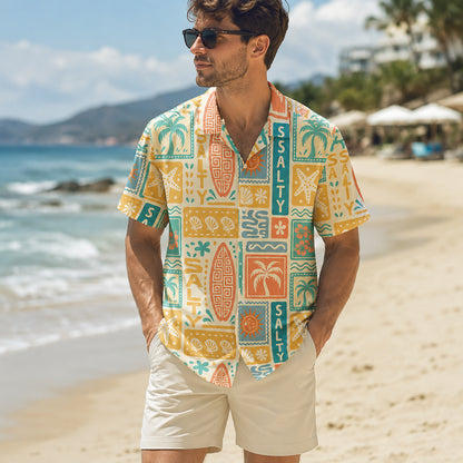 HW-409-Retro Salty Surfboard Graphic Block Print Short Sleeve Button Down Beach Hawaiian Shirt